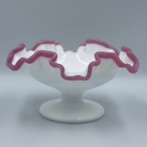 Vintage Fenton Apple Blossom Crest White and Pink Ruffled Compote